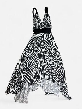 Zebra-Print Black & White V-Neck Formal Dress